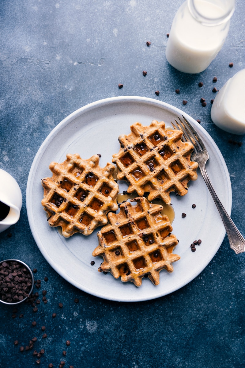 View of three Chocolate Chip Waffles on a plate