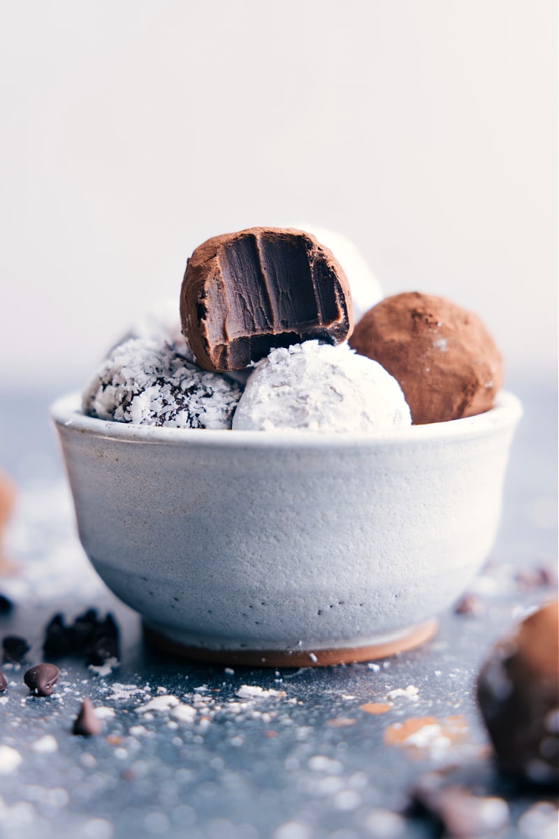 Image of a bowl of Chocolate Truffles with a bite out of one of them
