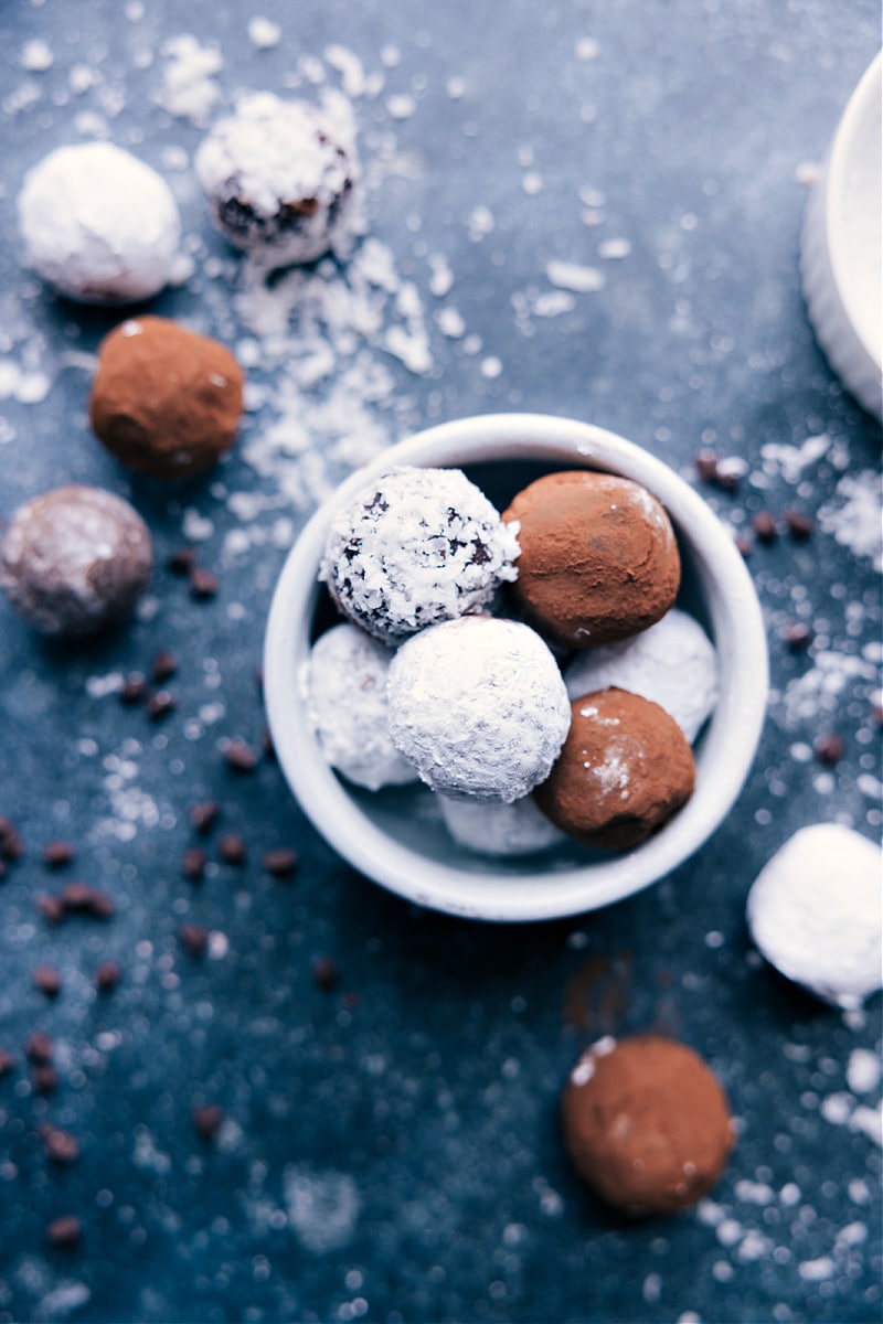 A bowl of Chocolate Truffles with a variety of coatings.