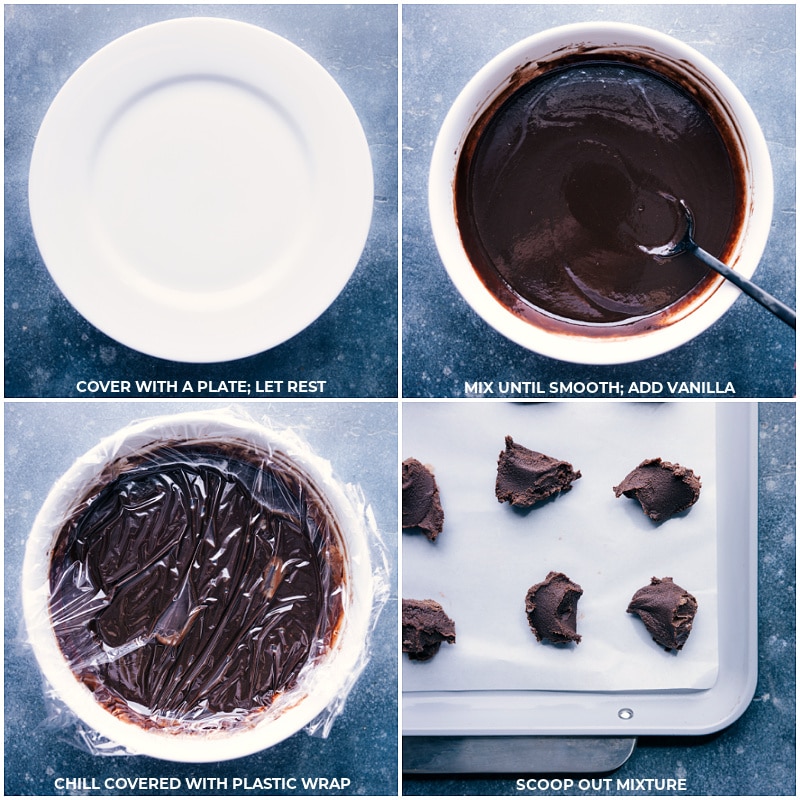 Process shots-- images of the chocolate mixture chilling and then being scooped out onto a tray