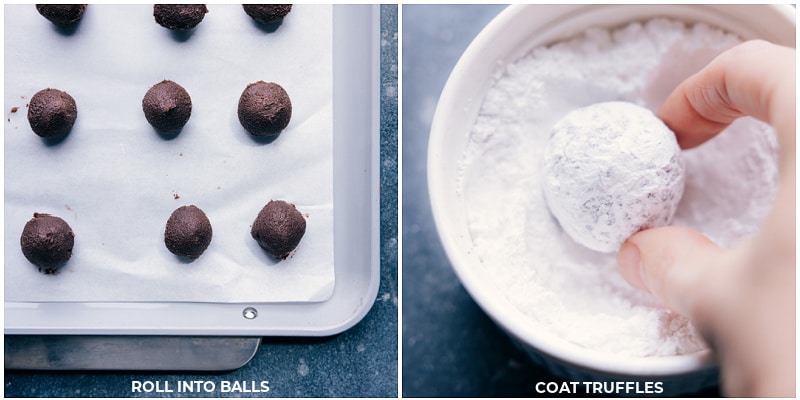 Process shots of chocolate truffles-- images of the truffles being rolled into balls and then coated in powdered sugar