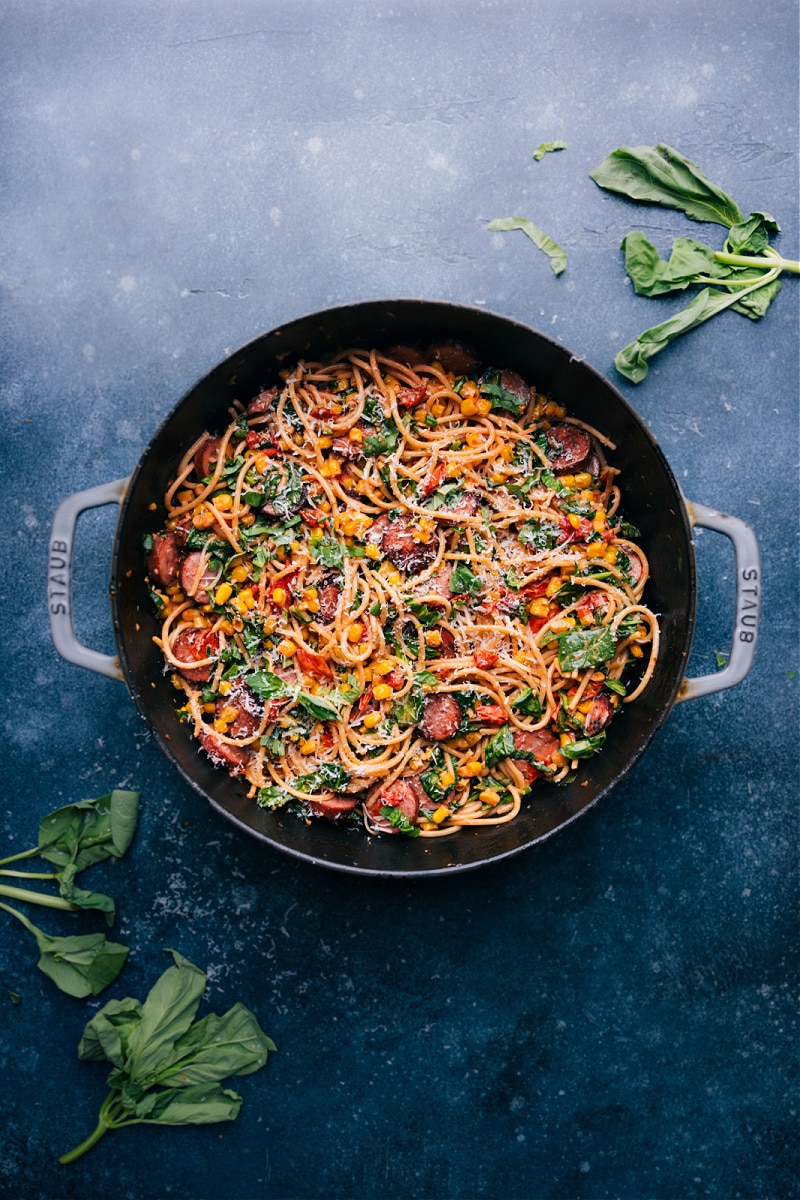 Corn and Sausage Pasta in the cooking pan