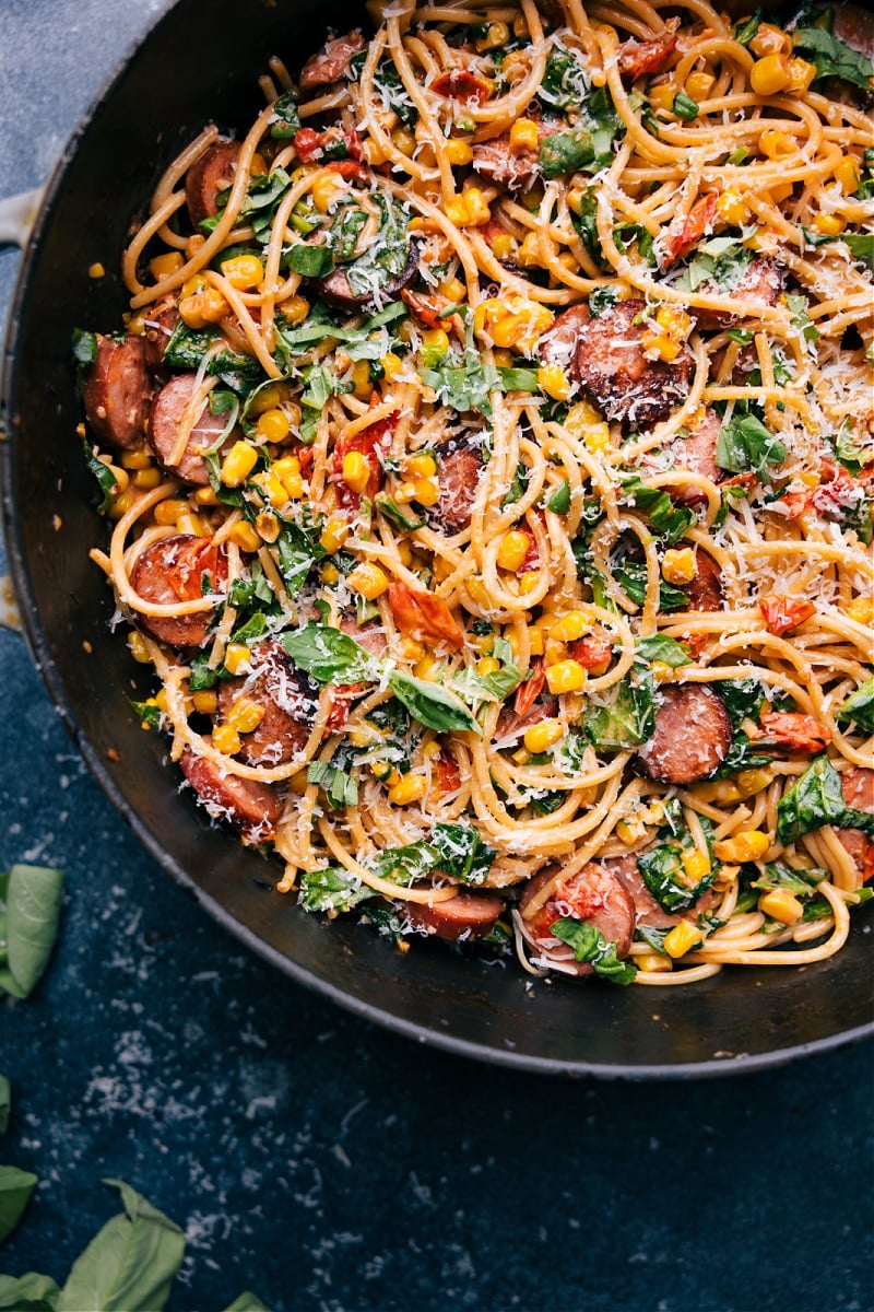 Overhead view of Corn and Sausage Pasta