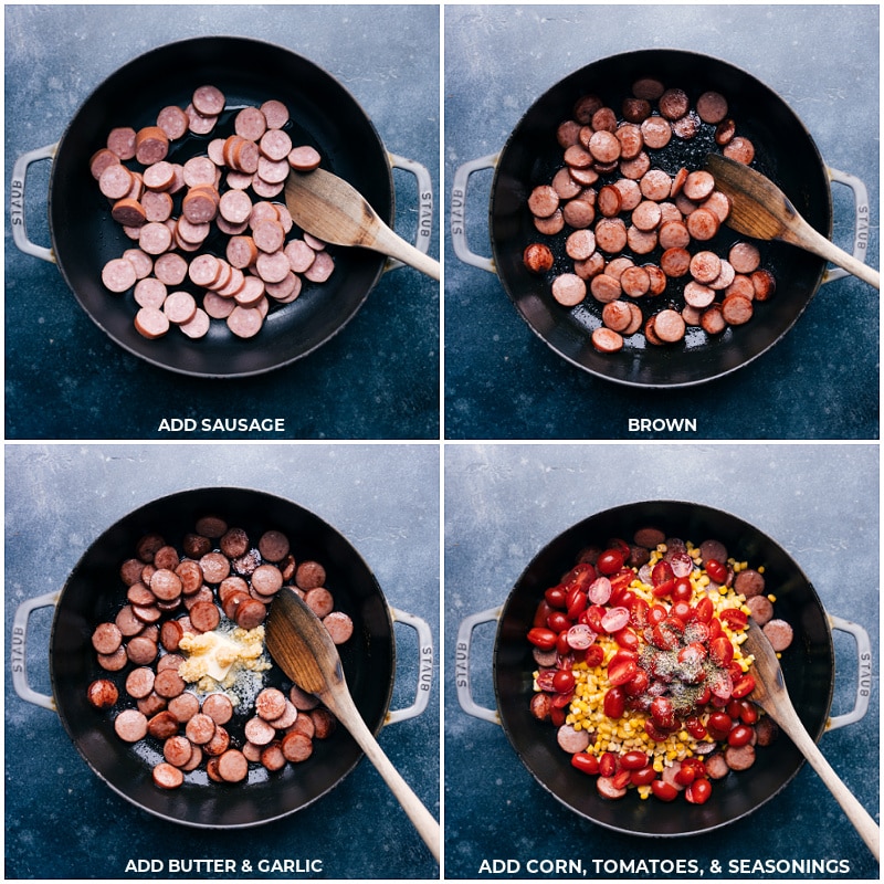 Process shots: brown sausage; add butter and garlic; then add corn, tomatoes and seasonings