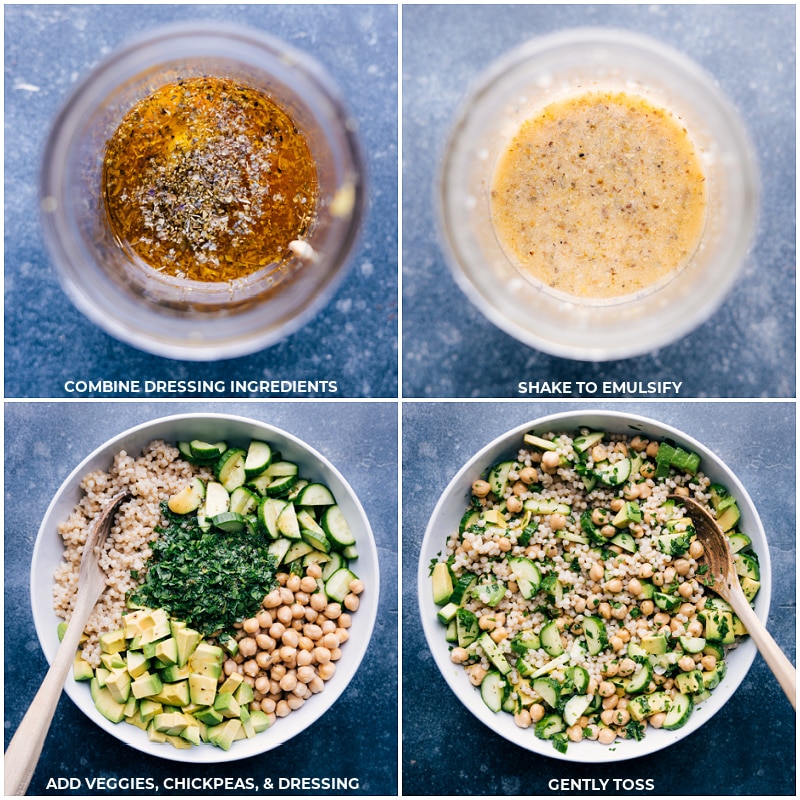 Process shots of the Cucumber Feta Salad-- images of the dressing being made and the veggies, chickpeas, and dressing being tossed together