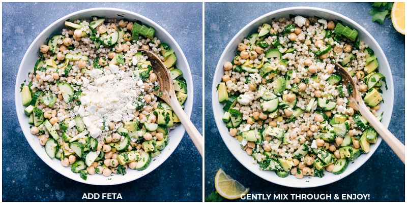 Image of the feta being added and tossed with the salad ingredients