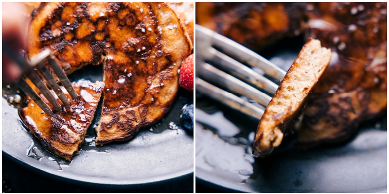 Images of a bite being take out of the healthy pancakes