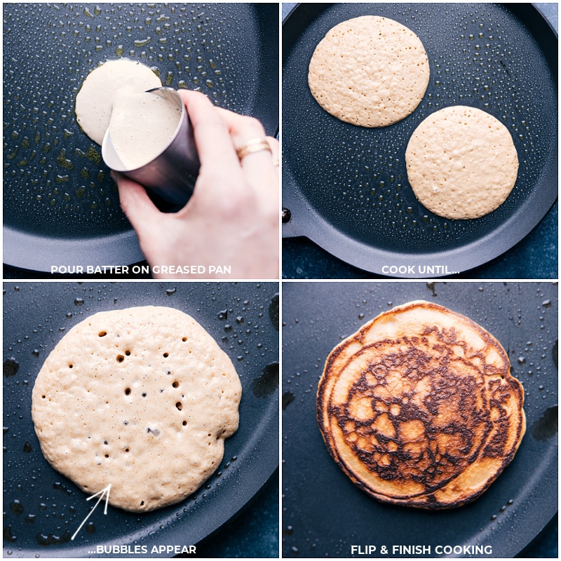 Process shots of healthy pancakes-- images of the batter being poured onto the prepared pan and cooked and flipped