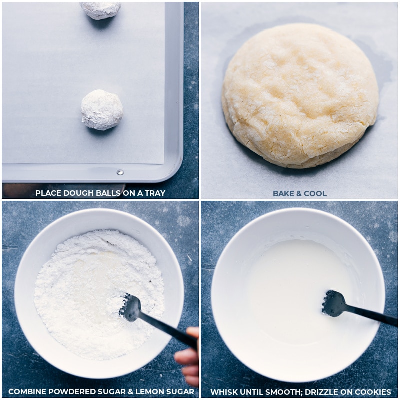 Process shots: place dough balls on a baking tray; bake and cool; dip in a glaze of powdered sugar and lemon sugar.