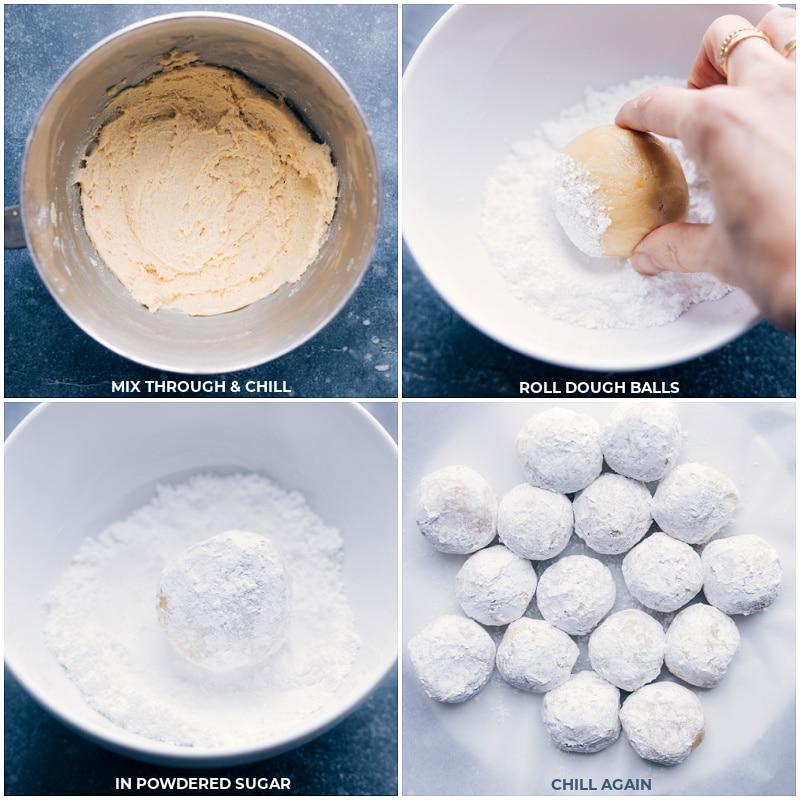 Process shots: mix well and chill dough; roll chilled dough into balls, roll in powdered sugar and chill again.