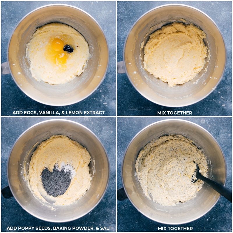 Process shots of Lemon Poppyseed Cookies-- images of the eggs, vanilla, lemon extract, poppy seeds, baking powder, and salt being creamed together