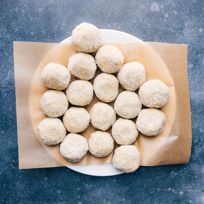 Overhead image of the balls of dough on a plate