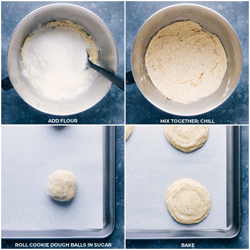Process shots of Lemon Poppyseed Cookies-- images of the flour being added and the dough balls being rolled and baked