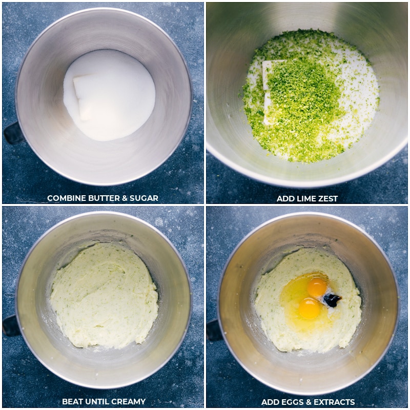 Process shots-- images of the butter, sugar, and lime zest being added to the bowl and beaten together until creamy. Then add eggs and extract.