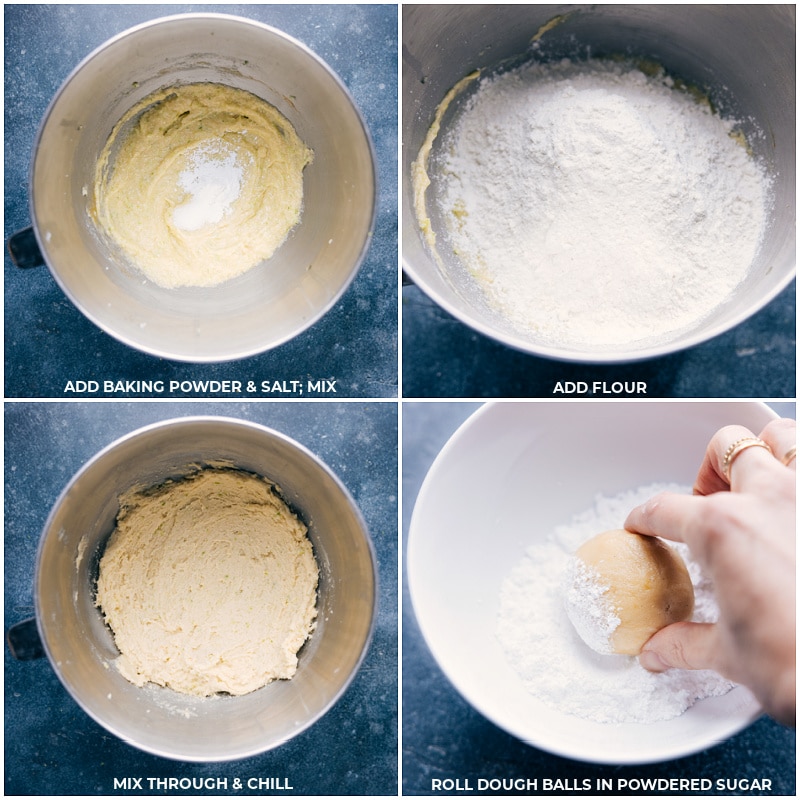 Process shots-- images of the baking powder, salt, flour, and salt being added to the stand mixer and then mixing it all together