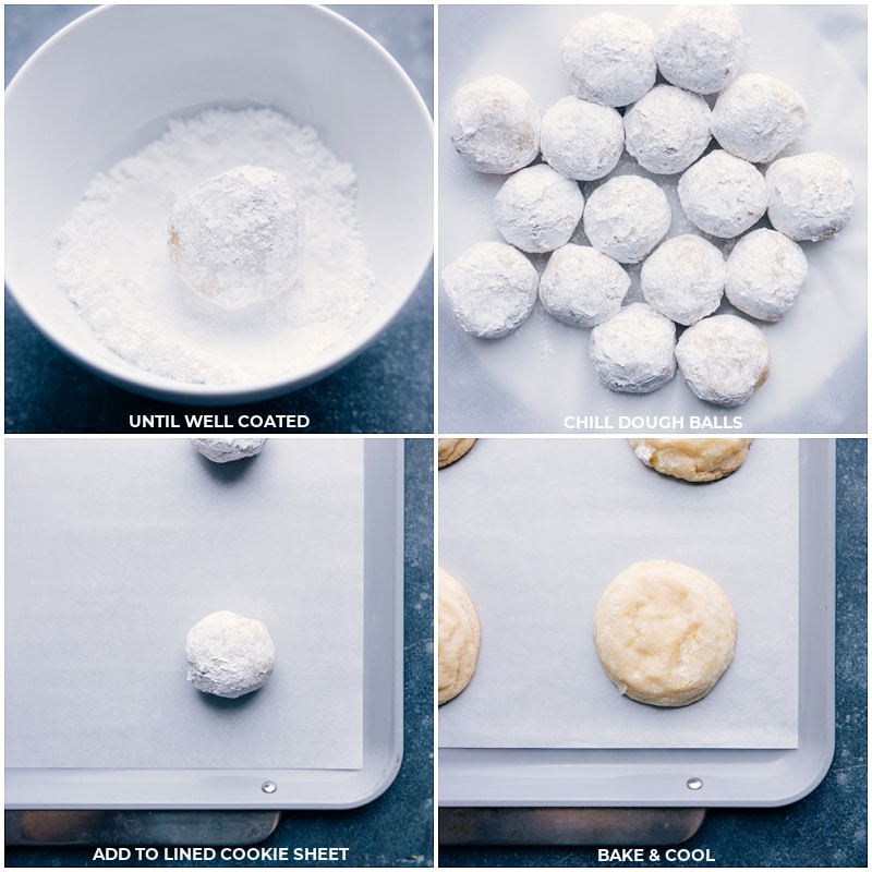 Process shots-- images of the dough balls being rolled in powdered sugar and then baked