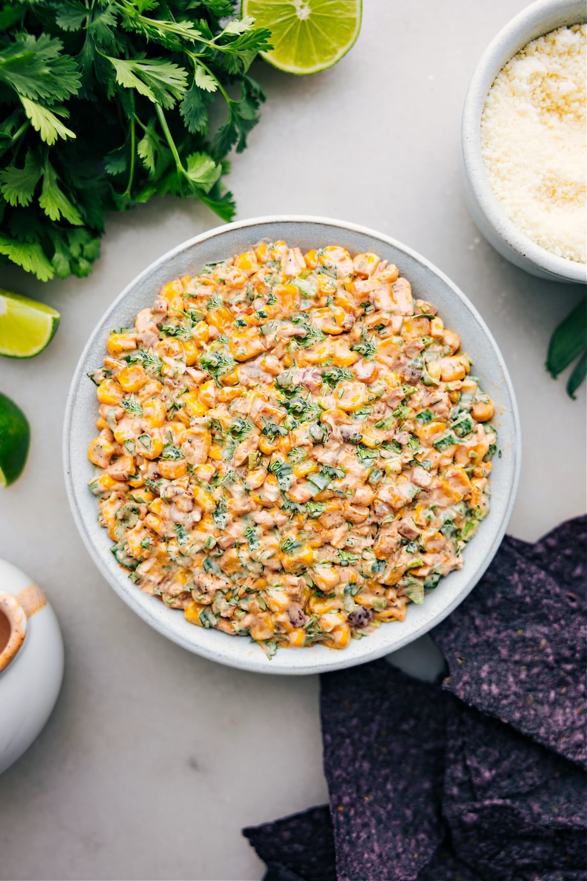 Meal Prep Taco Bowls Easy appetizer recipes featuring creamy Mexican street corn dip with sweet corn, cheese, and spices.