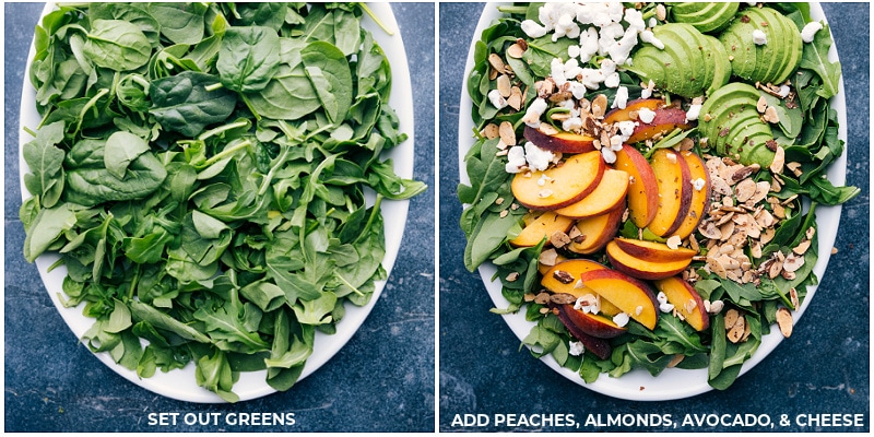 Process shots of peach salad-- images of the greens, peaches, almonds, avocado, and cheese being layered on a plate