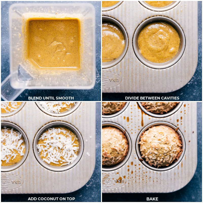 Process shots of Pistachio Muffins-- images of the batter being poured into the muffin pans and everything being baked