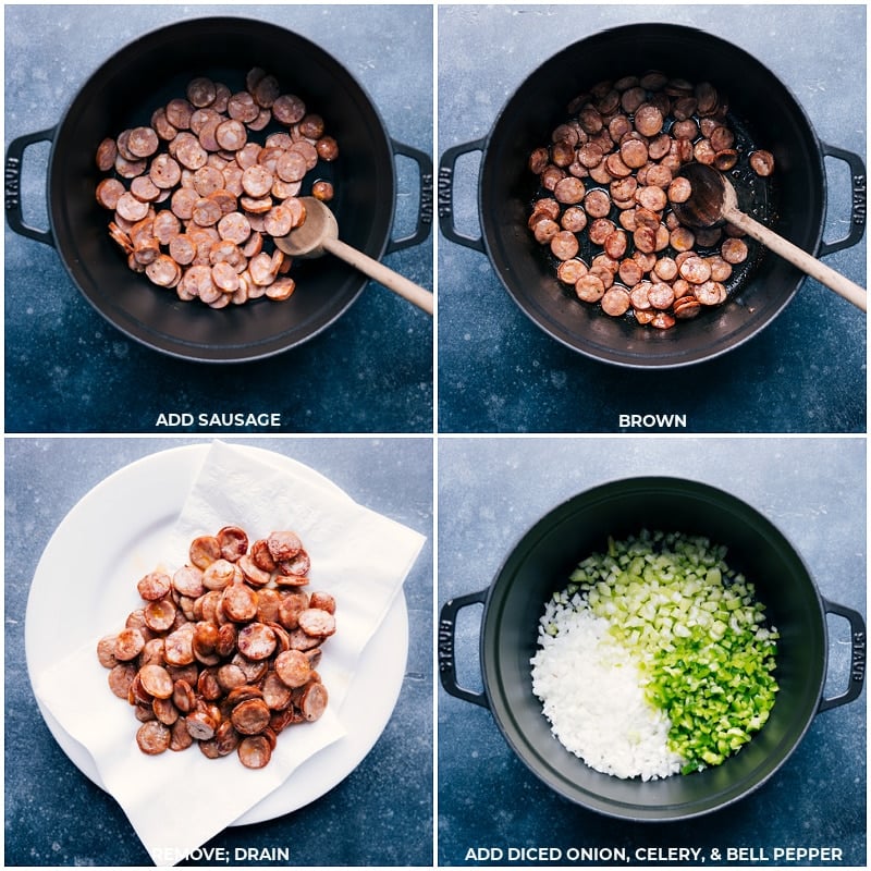 Process shots: brown sausage; drain and remove; add onion, celery and bell pepper to the same pan.