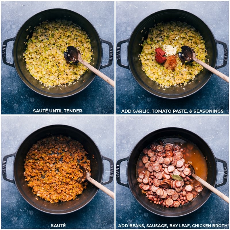 Process shots: sauté onion and pepper until tender; add garlic, tomato paste and seasonings; continue to cook; add beans, sausage, bay leaf and broth.