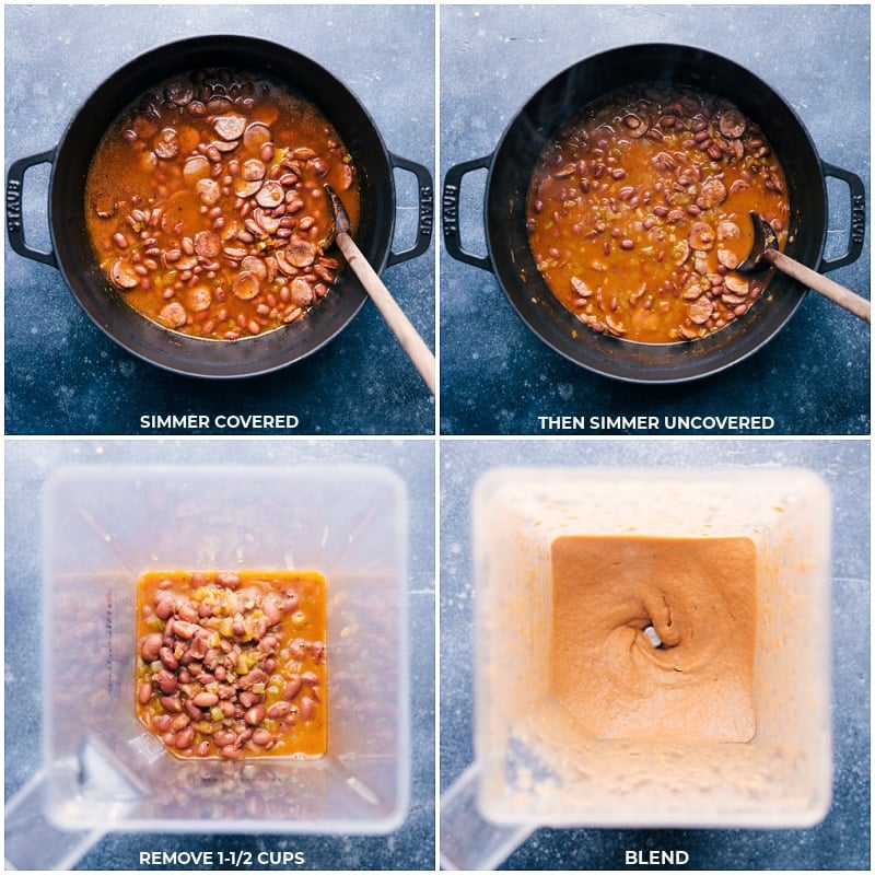 Process shots: simmer the pot covered and later uncovered; remove some of the mixture and blend to thicken the sauce.