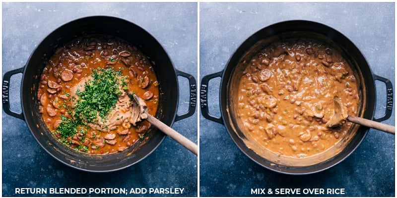 Process shots: return the blended mixture to the pot and stir in parsley; mix well and serve over rice.