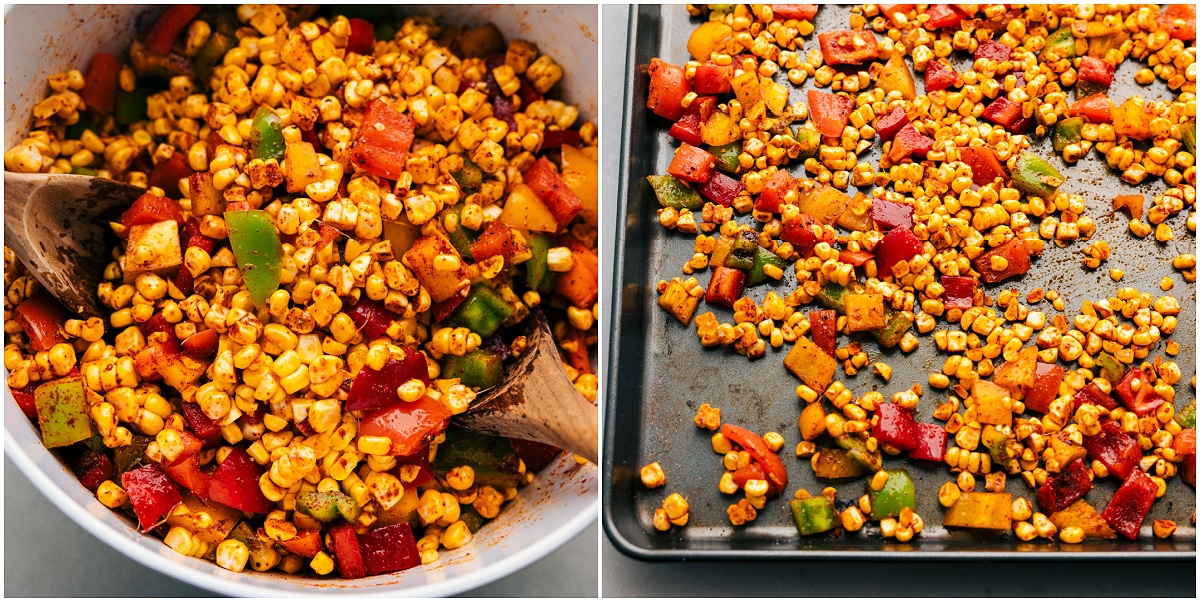 All the ingredients tossed together and then laid out on a sheet pan to cook.