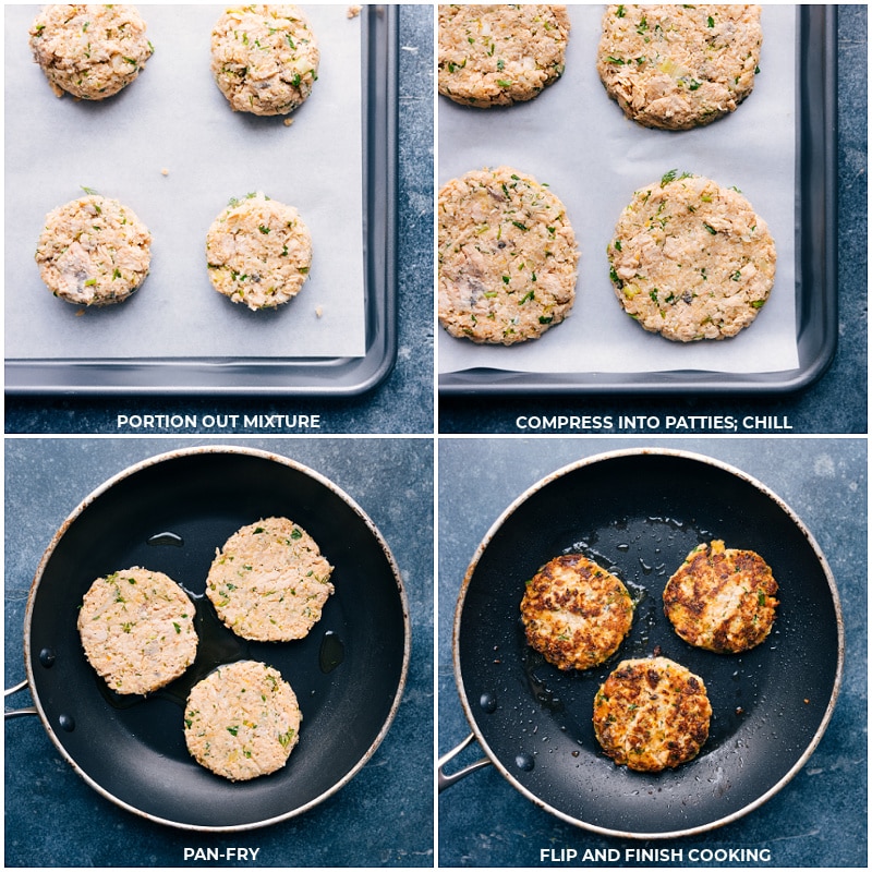 Process shots of the Salmon Burgers-- images of the Patties being portioned out and then cooked