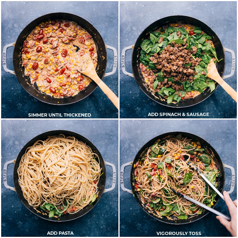 Process shots-- images of the spinach, sausage, and pasta being added to the pan