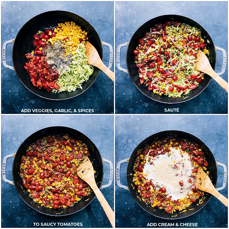 Process shots of Summer Pasta-- images of all the veggies being added to the pan and then it all being sautéed, then cream and cheese being added.