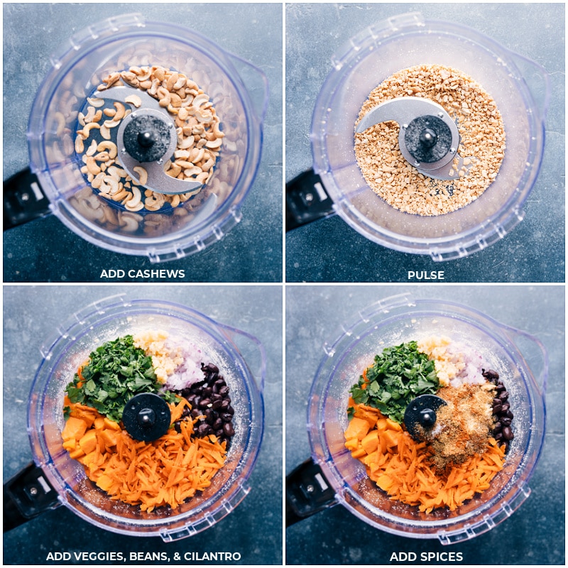 Process shots-- images of the cashews, veggies, beans, cilantro, and spices being added to the food processor