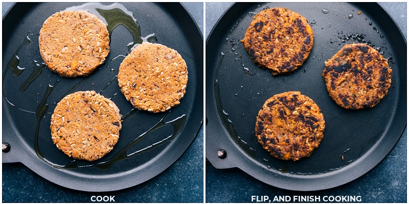 Process shots of Sweet Potato Black Bean Burgers-- images of the burgers being cooked on the skillet