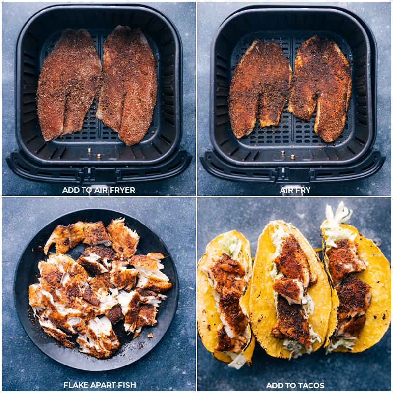 These delicious Tilapia Fish Tacos start with charred corn tortillas and are loaded with a saucy cilantro-lime slaw, taco-seasoned Tilapia, and a scoop of guacamole. These tacos are light, flavorful, and packed with good-for-you ingredients! Recipe via ChelseasMessyApron #dinner #quick #easy #simple #best #fresh #clean #cleaneating #familyfriendly #kidfriendly #tilapia #fish #tacos Process shots: Air frying the fish; flaking it apart and added to the tacos