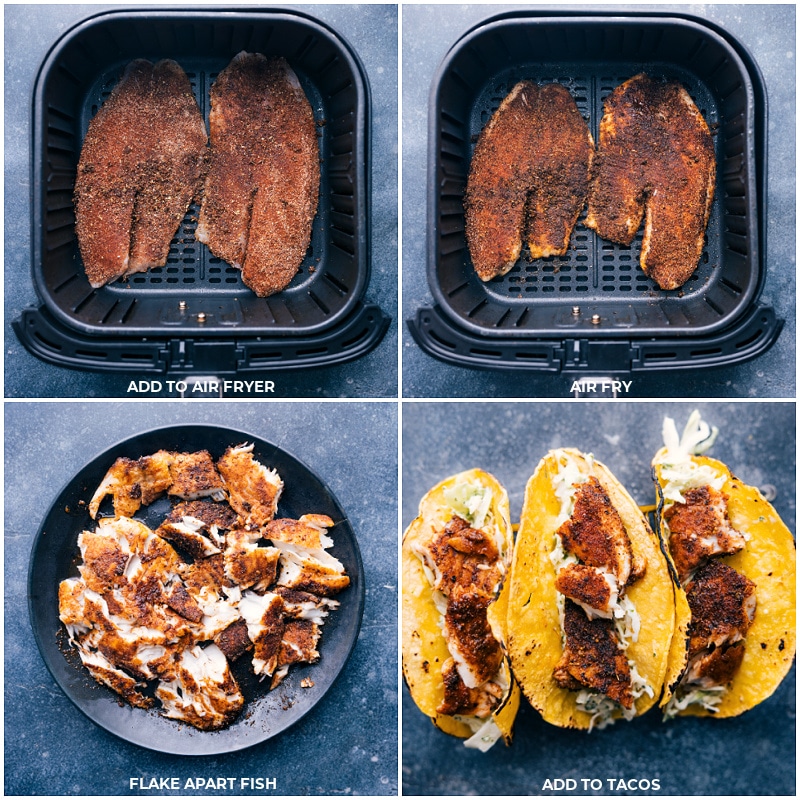 Process shots: Air frying the fish; flaking it apart and added to the tacos