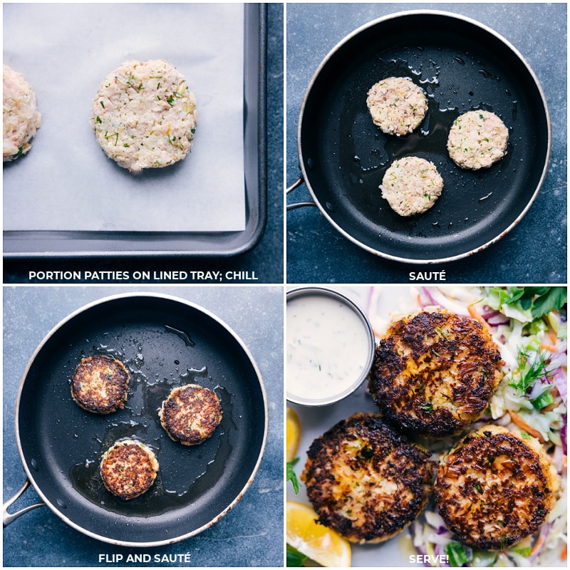 Process shots of Tuna Patties-- images of the patties being cooked