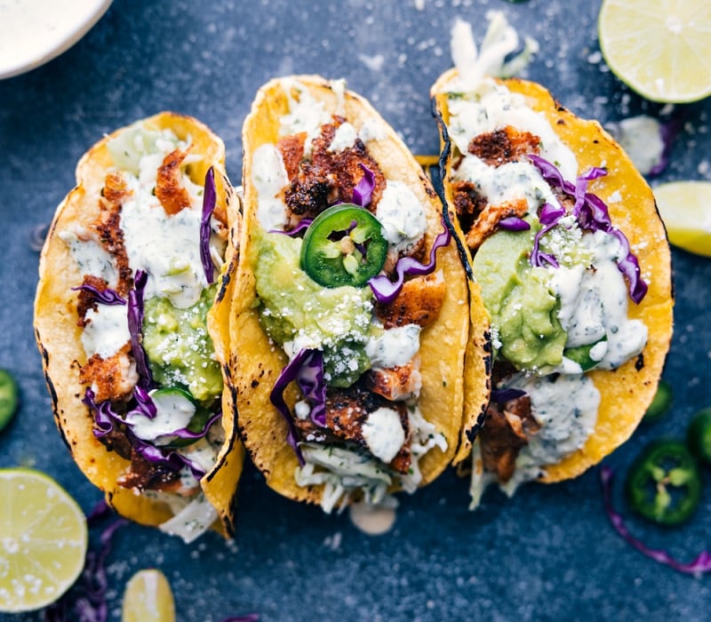 Image of three Tilapia Fish Tacos, ready to be enjoyed