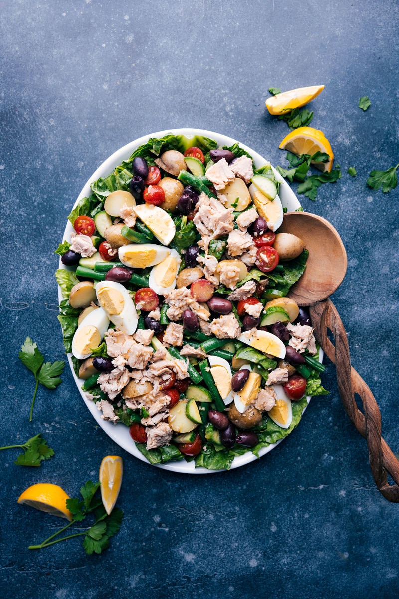 Overhead image of the Tuna Niçoise Salad on a platter