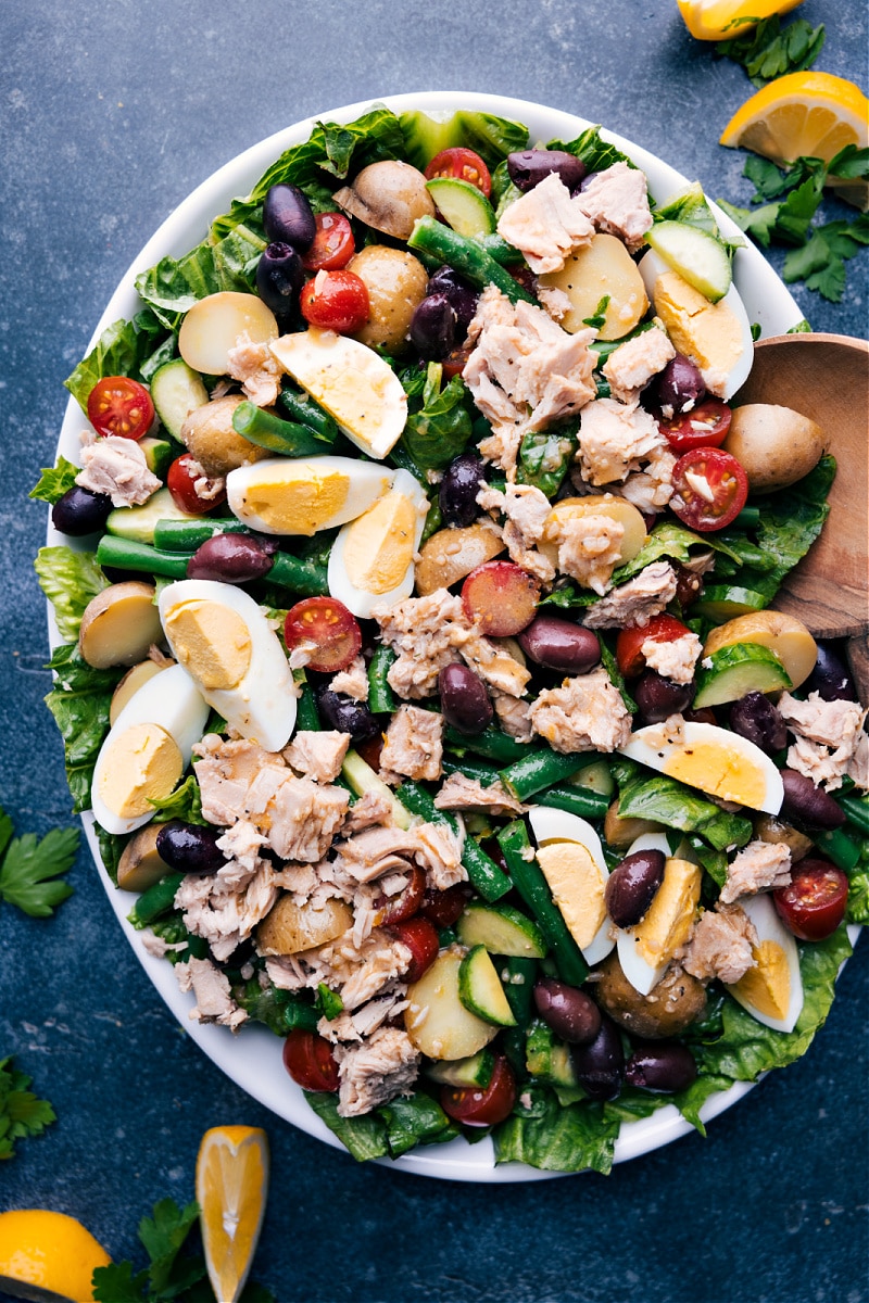 Overhead image of the dressed salad ready to be enjoyed