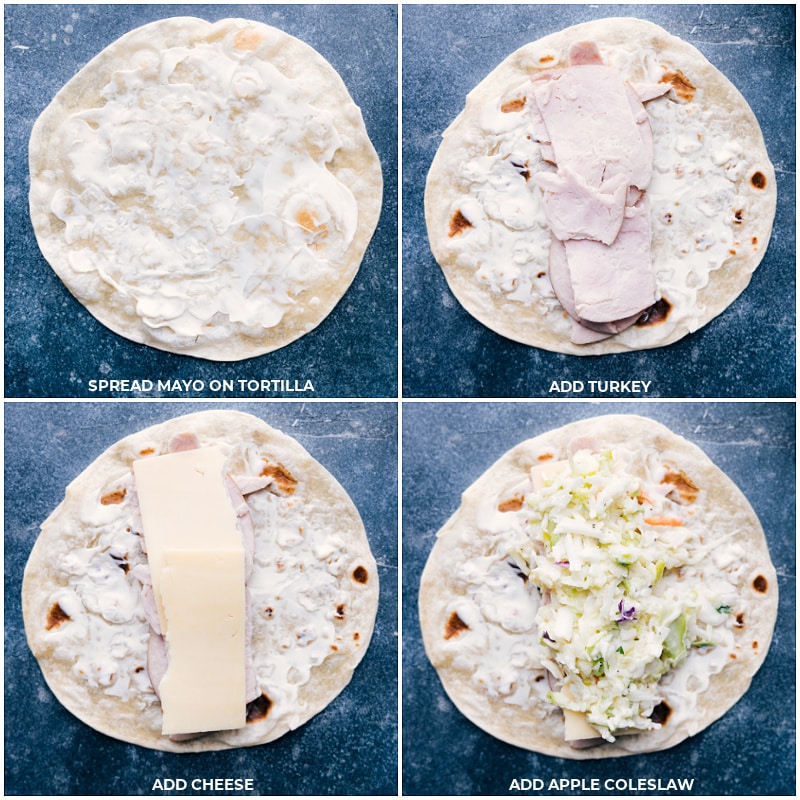 Process shots-- images of the mayo being spread on the tortillas, then turkey, cheese, and apple slaw being added