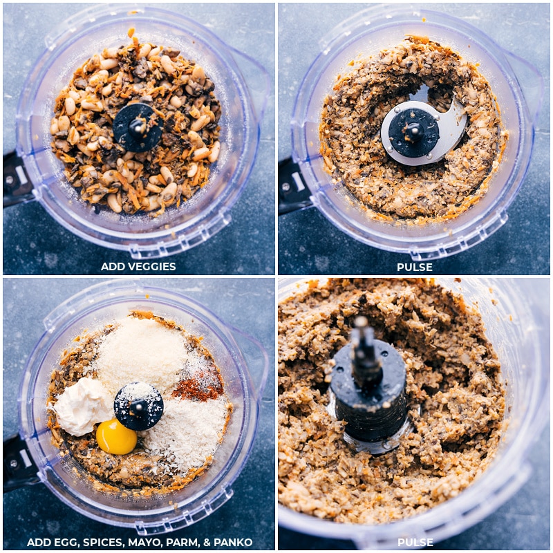 Process shots: Add veggies to the ground cashews; pulse; add eggs, spices, mayo, cheese and panko; pulse again.