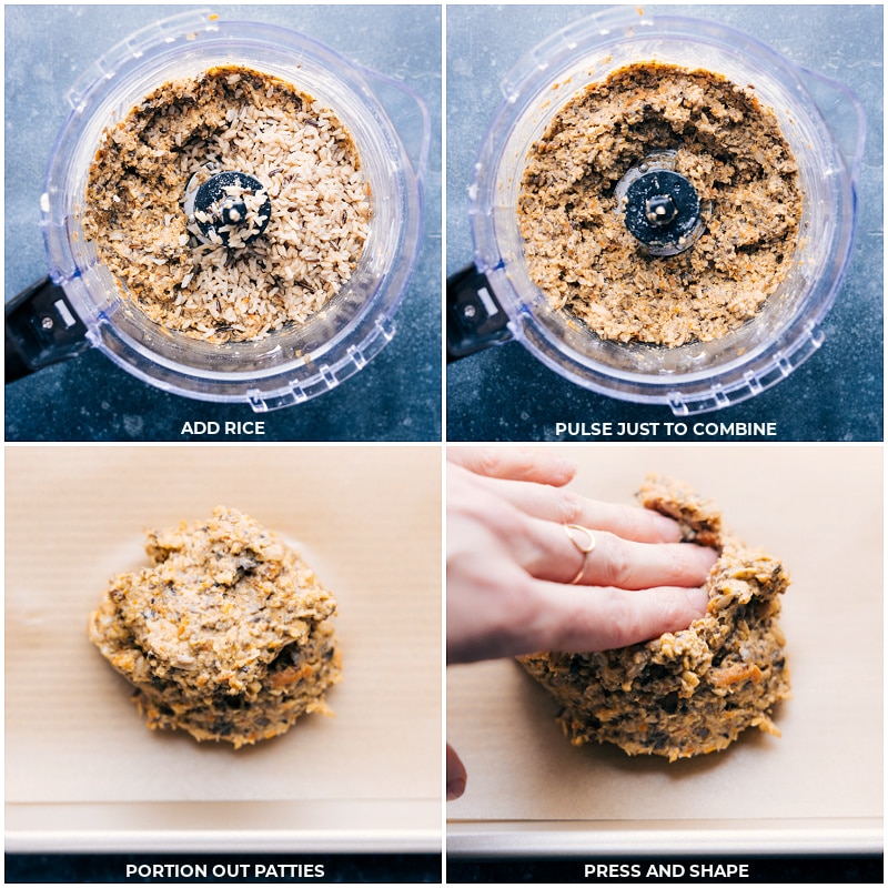 Process shots: add rice to the food processor; pulse; portion out patties; press and shape.