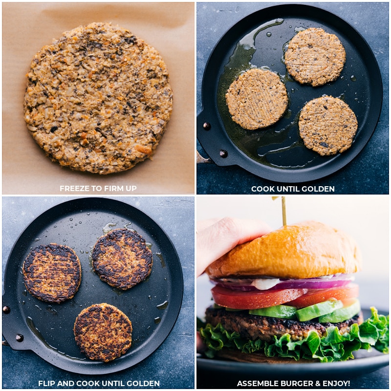 Process shots: freeze burgers to firm them up; cook until golden; flip and continue cooking; assemble burger with your favorite toppings.