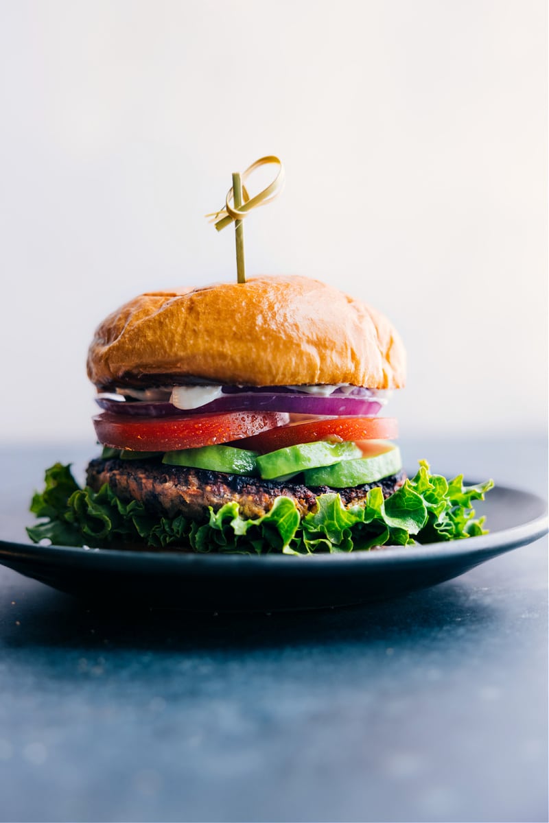 View of a fully dressed Veggie Burger on a plate