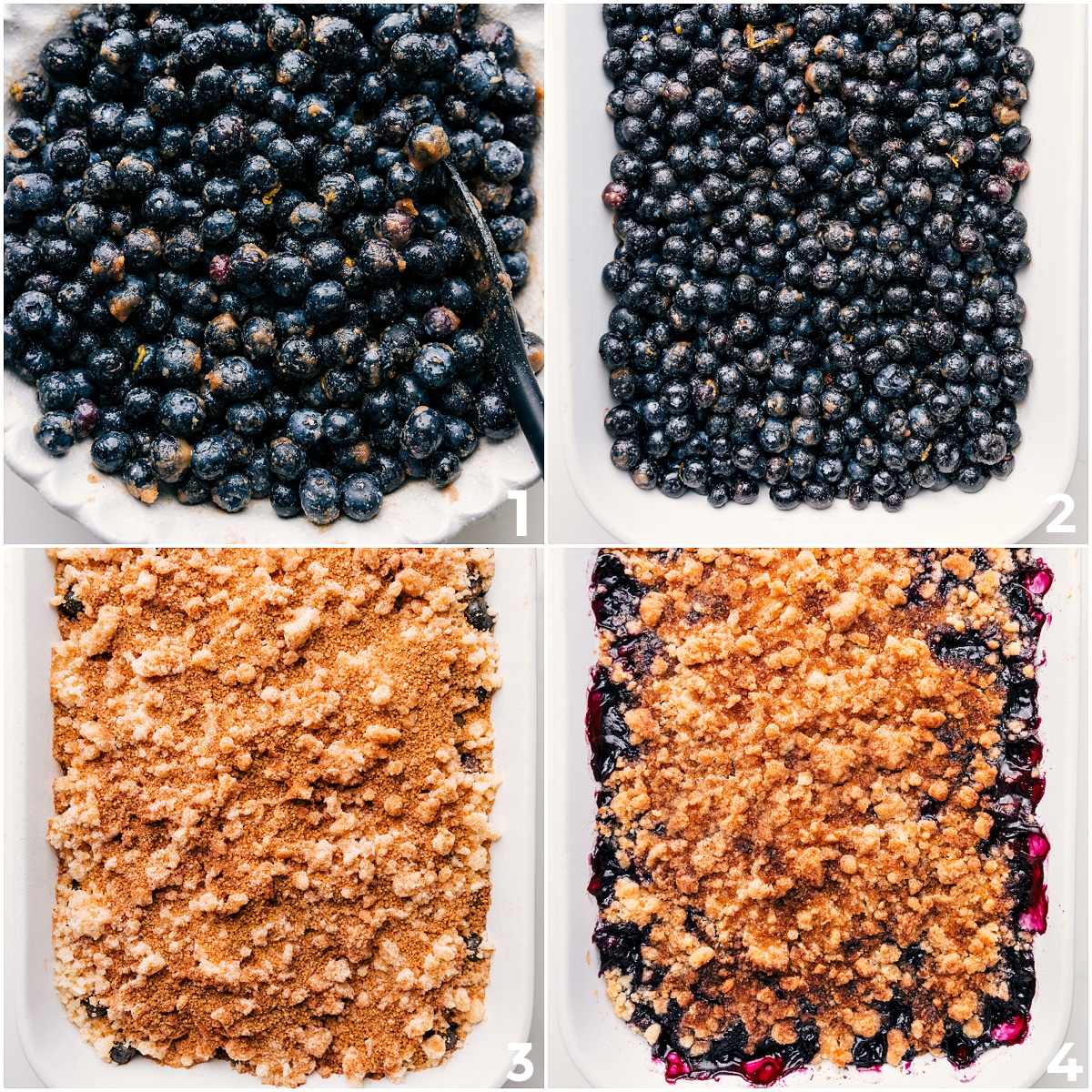 Blueberries tossed in sugar and spices added to the pan, topped with crumble, and baked until golden.