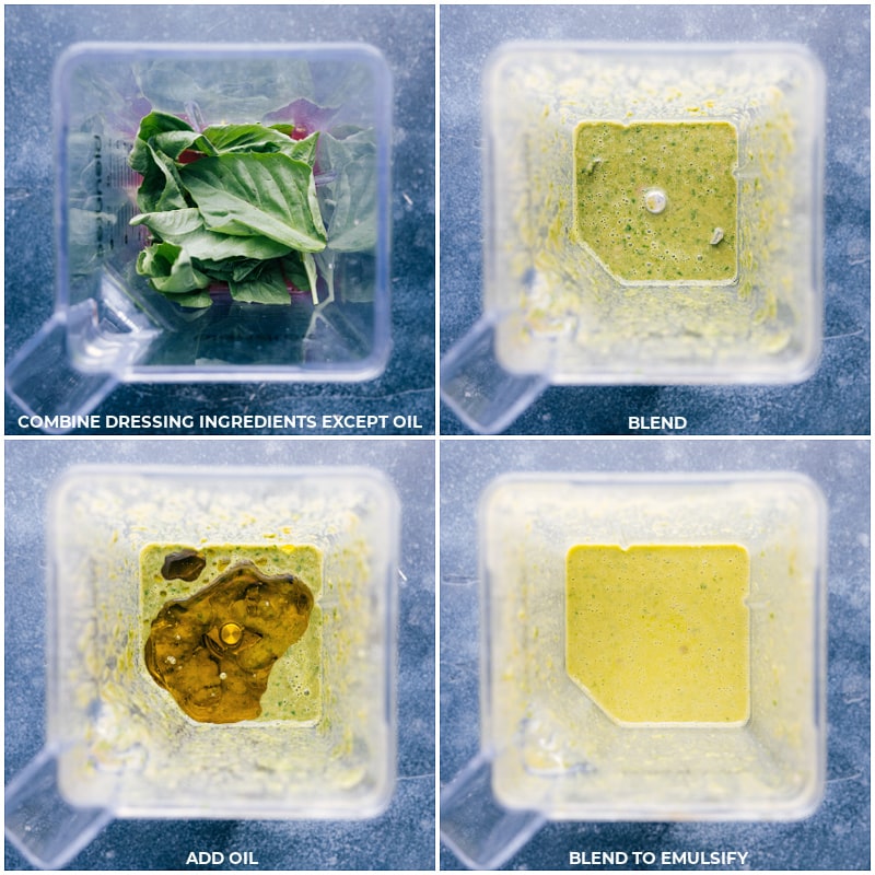 Process shots-- images of the dressing ingredients being added; blended; oil added