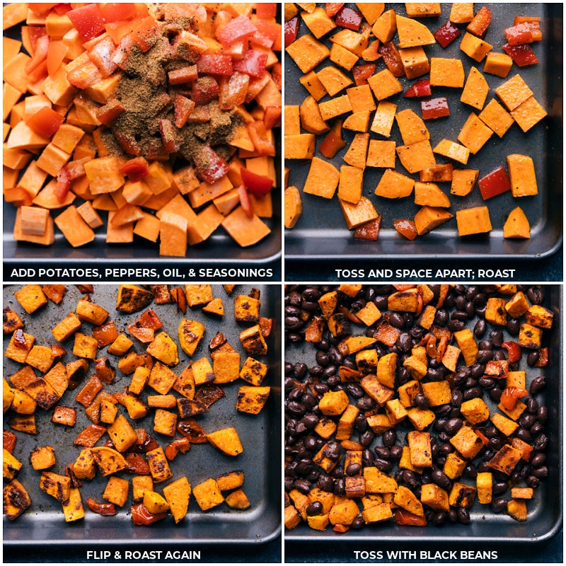 Process shots of Quinoa Salad Recipe-- images of the sweet potatoes, peppers, seasonings, and oil being added to a tray followed by black beans