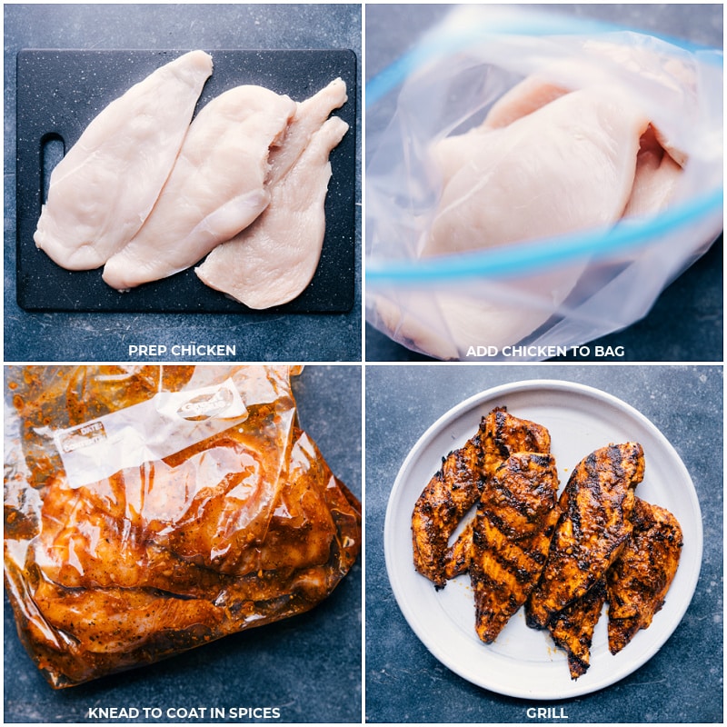 Process shots of the Chicken Taco Marinade-- image of the chicken be prepped and then transferred to a bag with the marinade