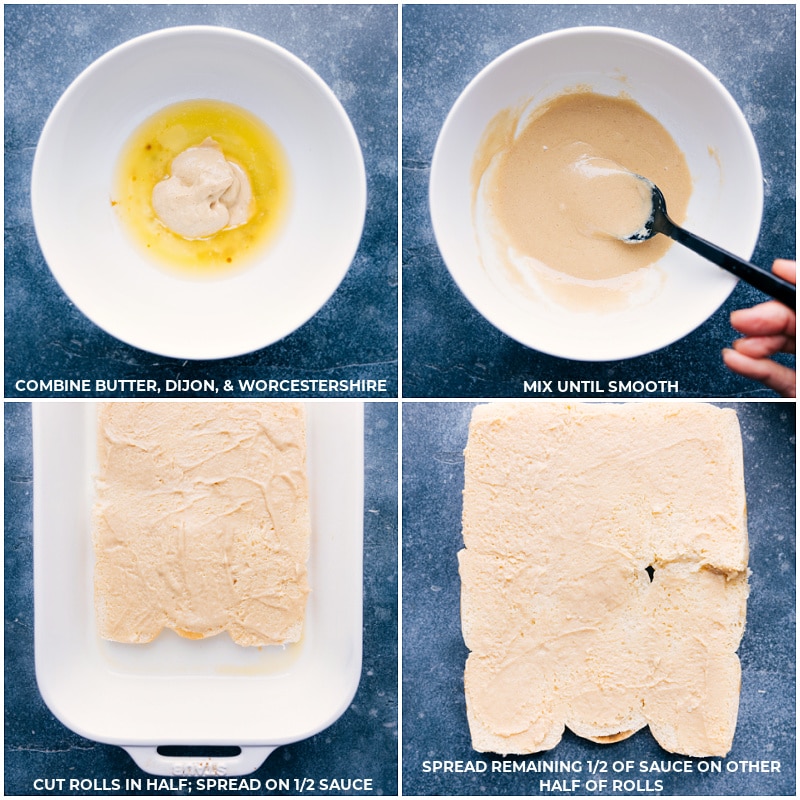 Process shots-- images of butter, Dijon, and Worcestershire being combined to make the sauce that goes on the rolls