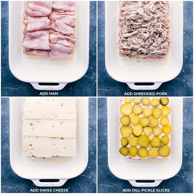 Process shots of Cuban Sliders-- images of the ham, pork, Swiss cheese, and dill pickle slices being added
